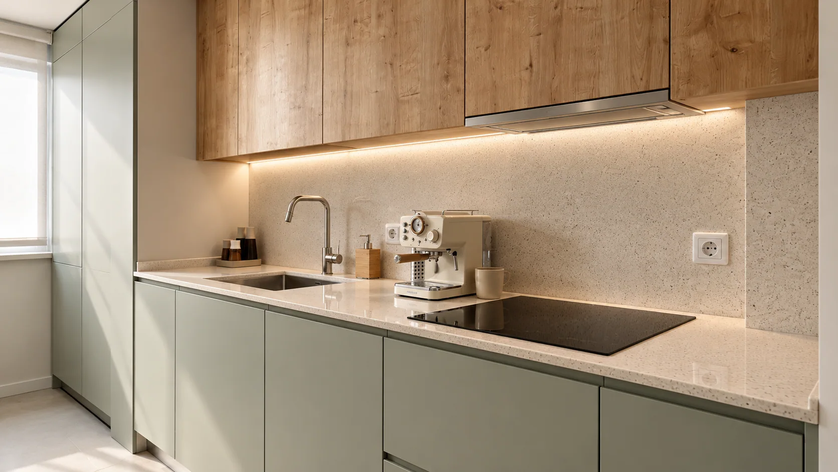 Cozinha linear com armários verdes e bancada clara