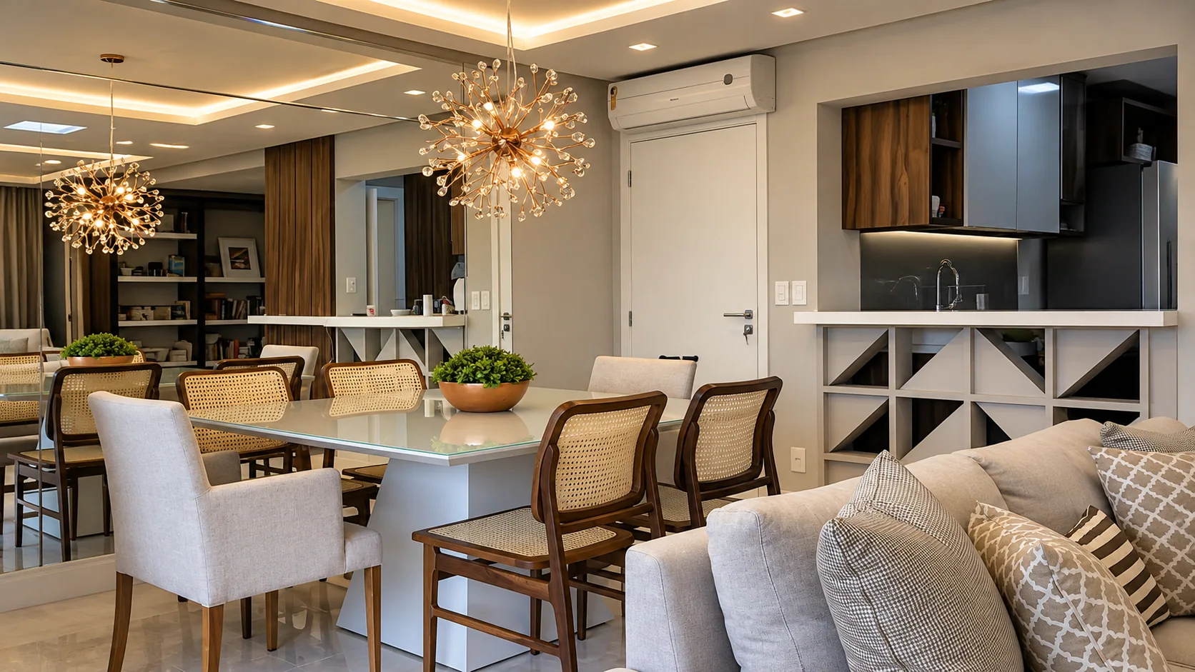 Sala de jantar integrada com estar, iluminação de teto e mobiliário claro